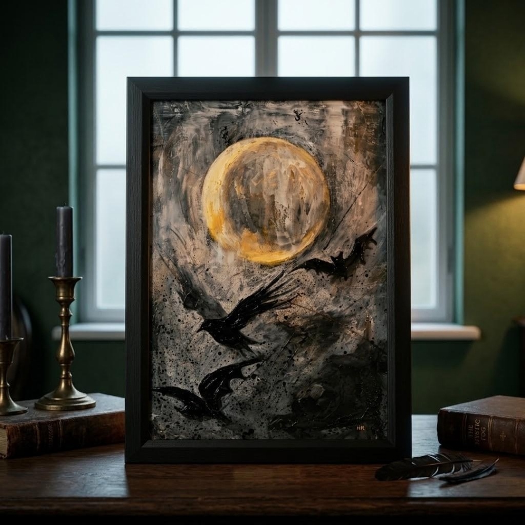 油絵原画『Lunar Eclipse』月蝕の夜に舞う(A4黒額縁・ラッピング付)ハロウィン ゴシック ダークファンタジー カラス 蝙蝠 額装済