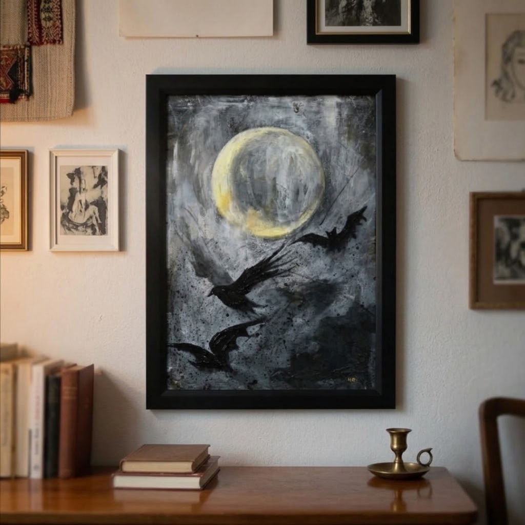 油絵原画『Lunar Eclipse』月蝕の夜に舞う(A4黒額縁・ラッピング付)ハロウィン ゴシック ダークファンタジー カラス 蝙蝠 額装済