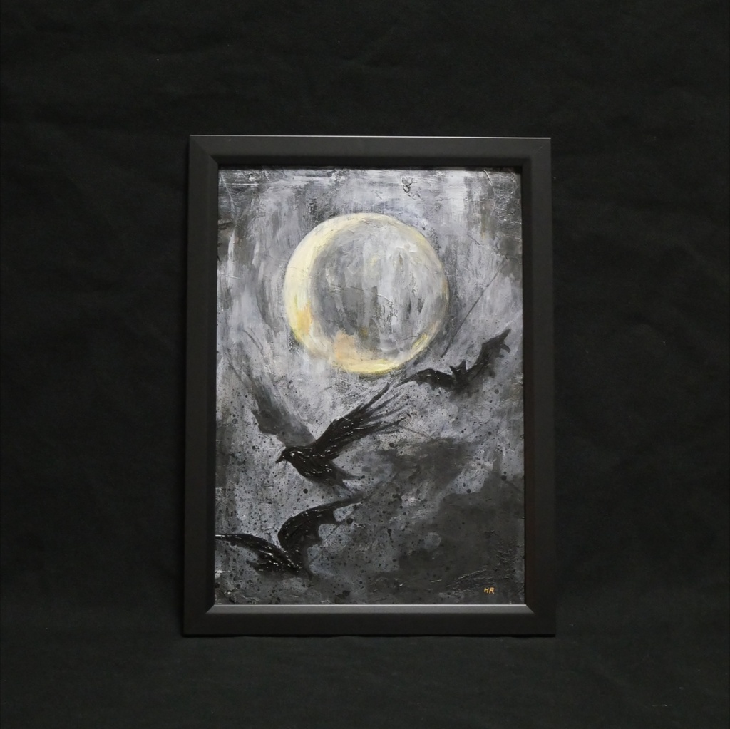 油絵原画『Lunar Eclipse』月蝕の夜に舞う(A4黒額縁・ラッピング付)ハロウィン ゴシック ダークファンタジー カラス 蝙蝠 額装済