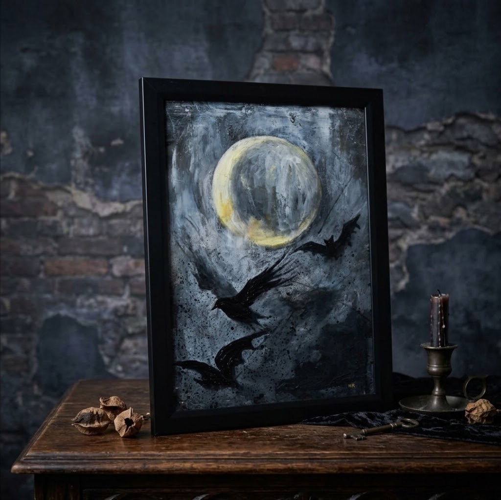 油絵原画『Lunar Eclipse』月蝕の夜に舞う（A4黒額縁・ラッピング付）ハロウィン ゴシック ダークファンタジー カラス 蝙蝠 額装済