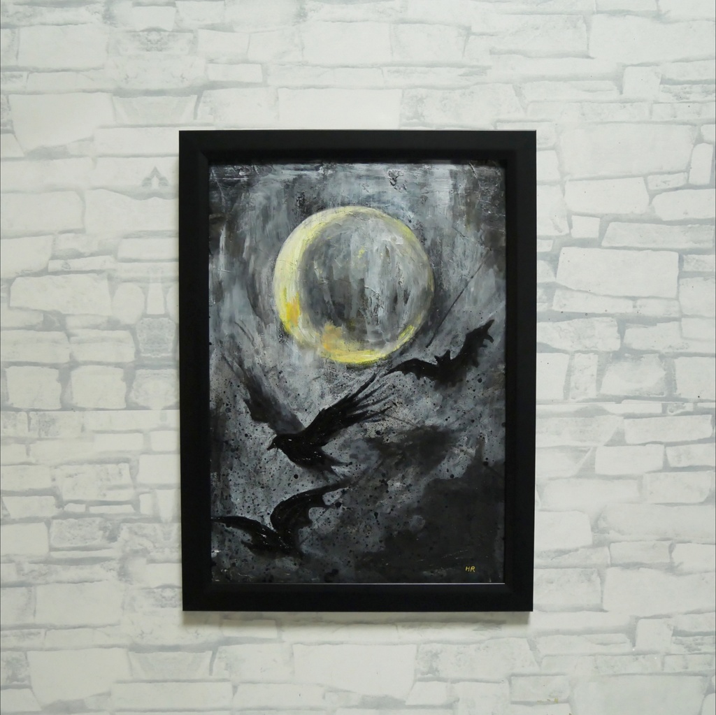 油絵原画『Lunar Eclipse』月蝕の夜に舞う(A4黒額縁・ラッピング付)ハロウィン ゴシック ダークファンタジー カラス 蝙蝠 額装済