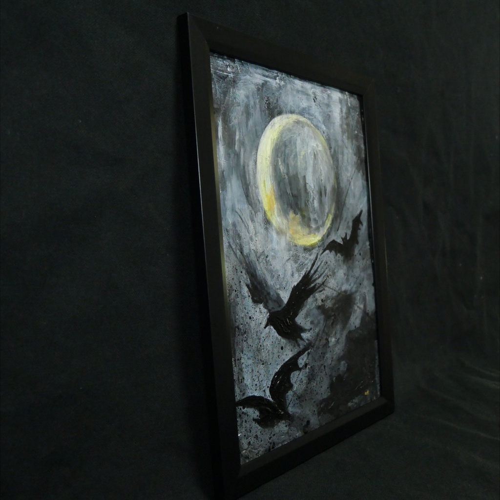 油絵原画『Lunar Eclipse』月蝕の夜に舞う(A4黒額縁・ラッピング付)ハロウィン ゴシック ダークファンタジー カラス 蝙蝠 額装済