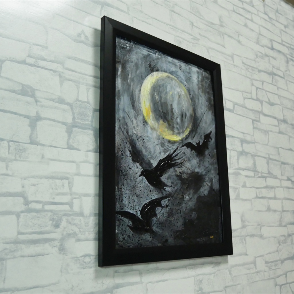 油絵原画『Lunar Eclipse』月蝕の夜に舞う(A4黒額縁・ラッピング付)ハロウィン ゴシック ダークファンタジー カラス 蝙蝠 額装済