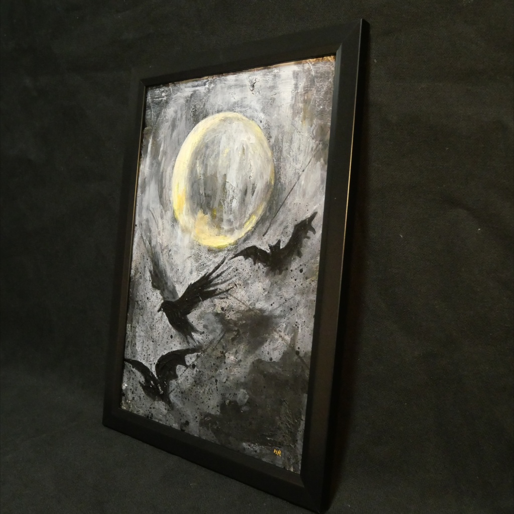 油絵原画『Lunar Eclipse』月蝕の夜に舞う(A4黒額縁・ラッピング付)ハロウィン ゴシック ダークファンタジー カラス 蝙蝠 額装済
