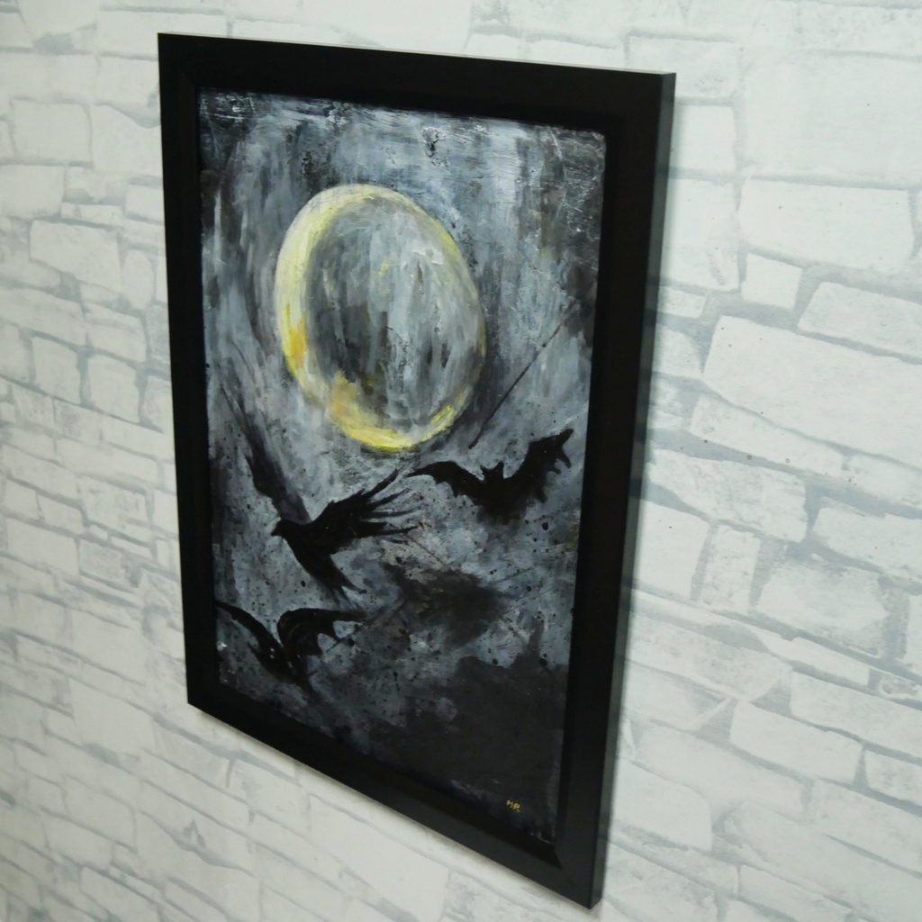 油絵原画『Lunar Eclipse』月蝕の夜に舞う(A4黒額縁・ラッピング付)ハロウィン ゴシック ダークファンタジー カラス 蝙蝠 額装済