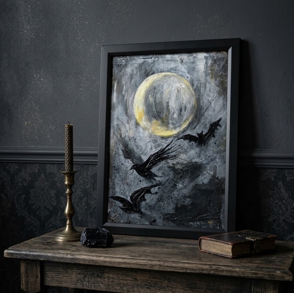 油絵原画『Lunar Eclipse』月蝕の夜に舞う(A4黒額縁・ラッピング付)ハロウィン ゴシック ダークファンタジー カラス 蝙蝠 額装済