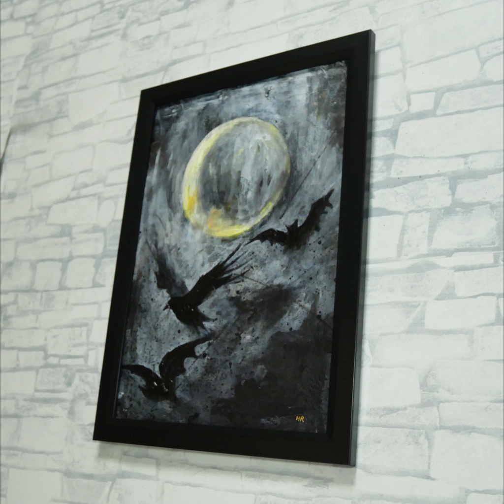 油絵原画『Lunar Eclipse』月蝕の夜に舞う(A4黒額縁・ラッピング付)ハロウィン ゴシック ダークファンタジー カラス 蝙蝠 額装済