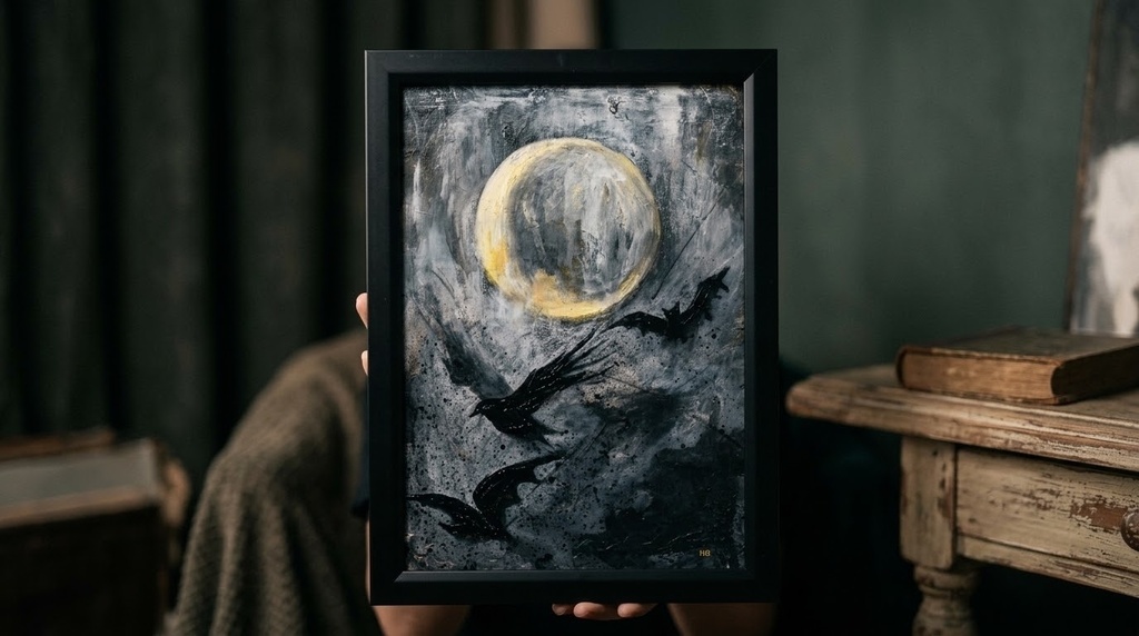 油絵原画『Lunar Eclipse』月蝕の夜に舞う(A4黒額縁・ラッピング付)ハロウィン ゴシック ダークファンタジー カラス 蝙蝠 額装済