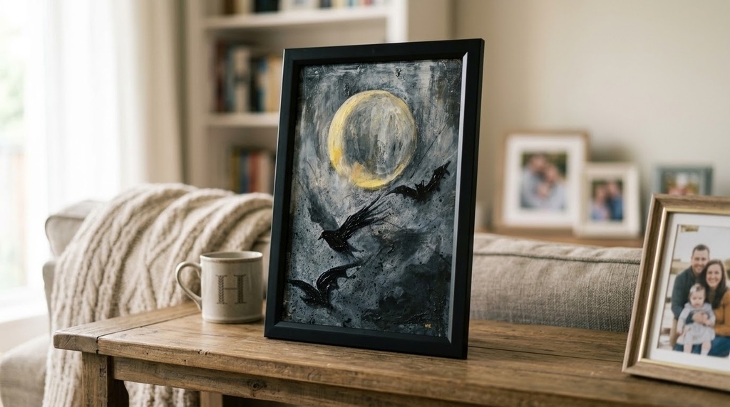 油絵原画『Lunar Eclipse』月蝕の夜に舞う(A4黒額縁・ラッピング付)ハロウィン ゴシック ダークファンタジー カラス 蝙蝠 額装済