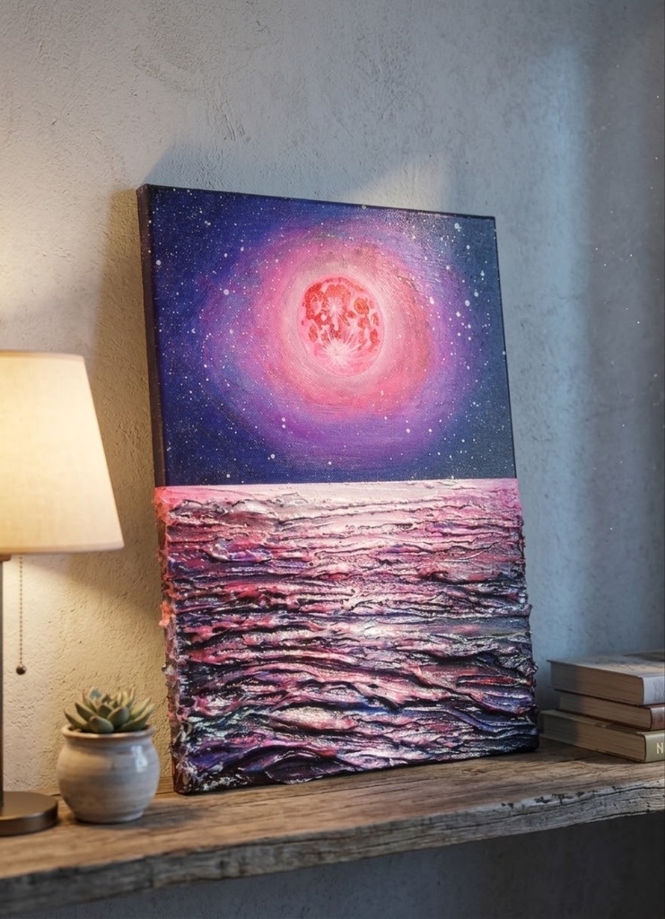 【油絵原画/F4号】満ちる潮と、桃色の夜空【額なし壁掛けアート・ギフトラッピング付】幻想的な月と海の絵画