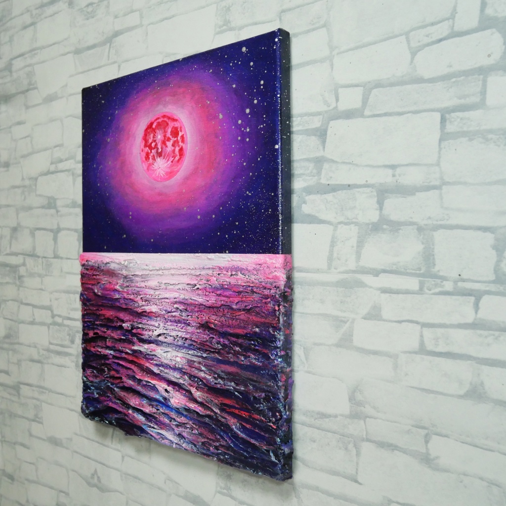 【油絵原画/F4号】満ちる潮と、桃色の夜空【額なし壁掛けアート・ギフトラッピング付】幻想的な月と海の絵画