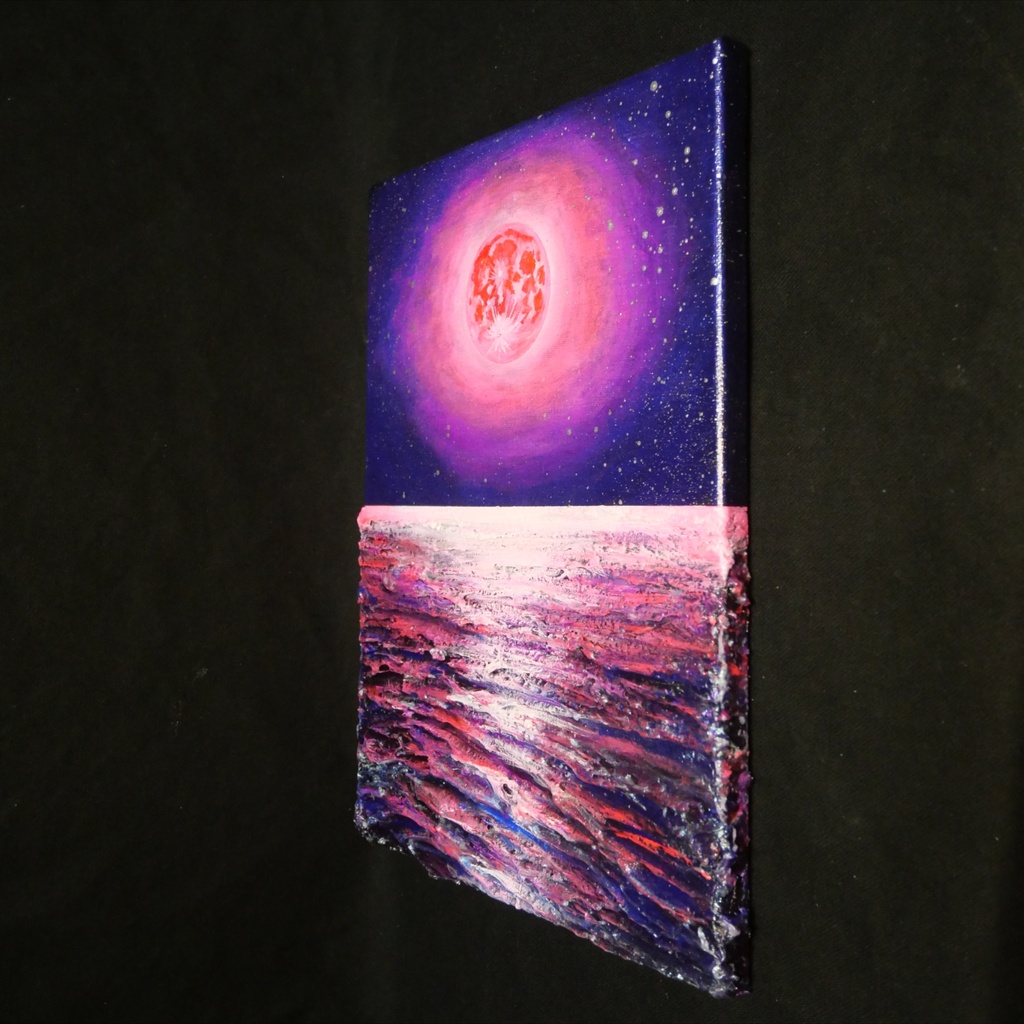 【油絵原画/F4号】満ちる潮と、桃色の夜空【額なし壁掛けアート・ギフトラッピング付】幻想的な月と海の絵画