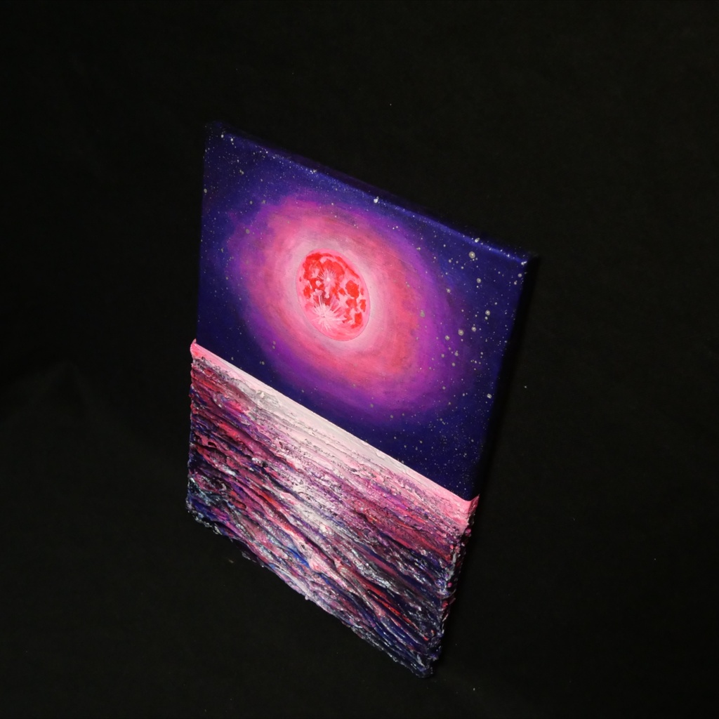 【油絵原画/F4号】満ちる潮と、桃色の夜空【額なし壁掛けアート・ギフトラッピング付】幻想的な月と海の絵画