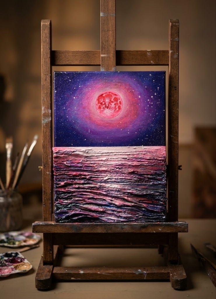 【油絵原画/F4号】満ちる潮と、桃色の夜空【額なし壁掛けアート・ギフトラッピング付】幻想的な月と海の絵画