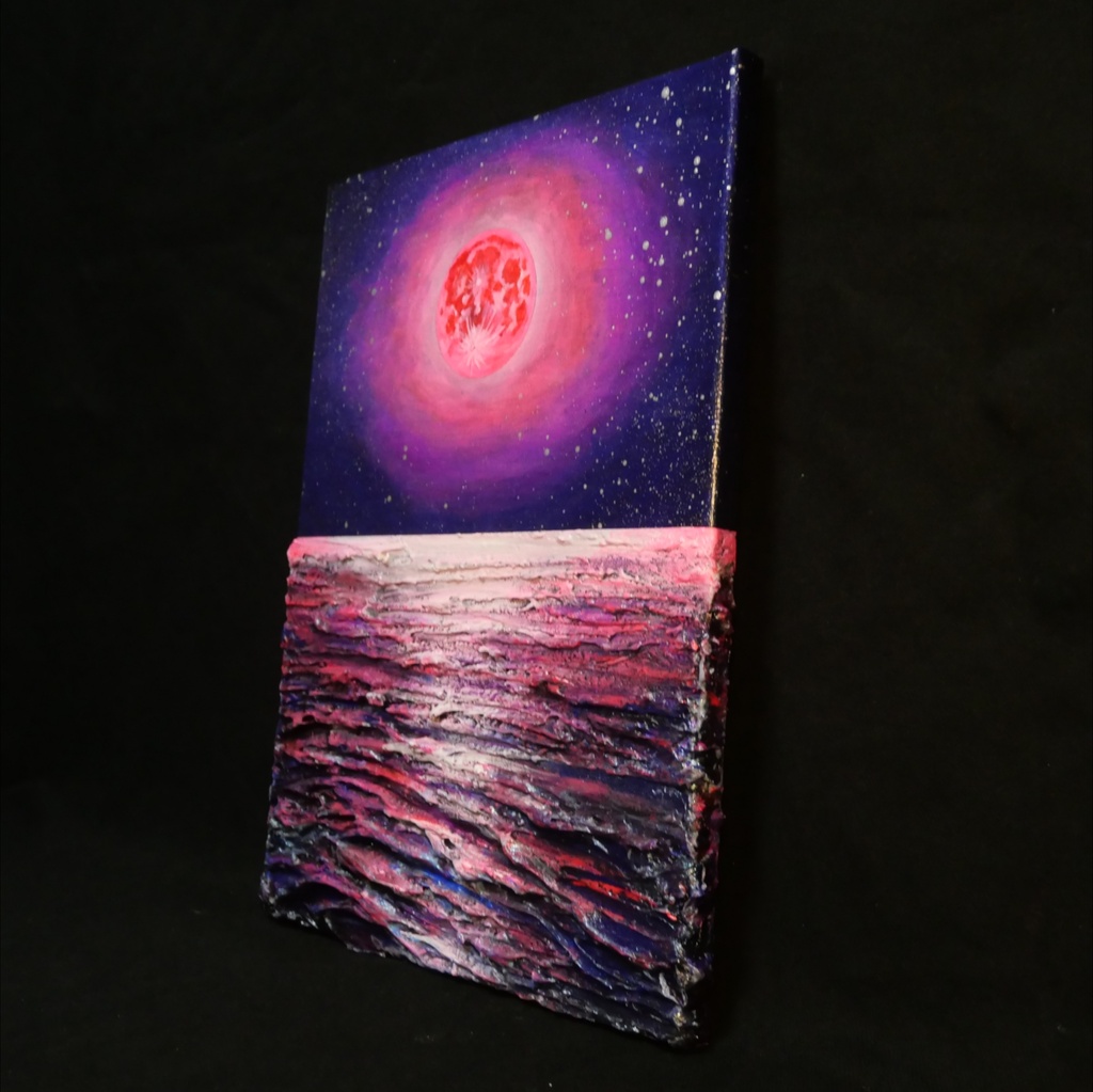 【油絵原画/F4号】満ちる潮と、桃色の夜空【額なし壁掛けアート・ギフトラッピング付】幻想的な月と海の絵画