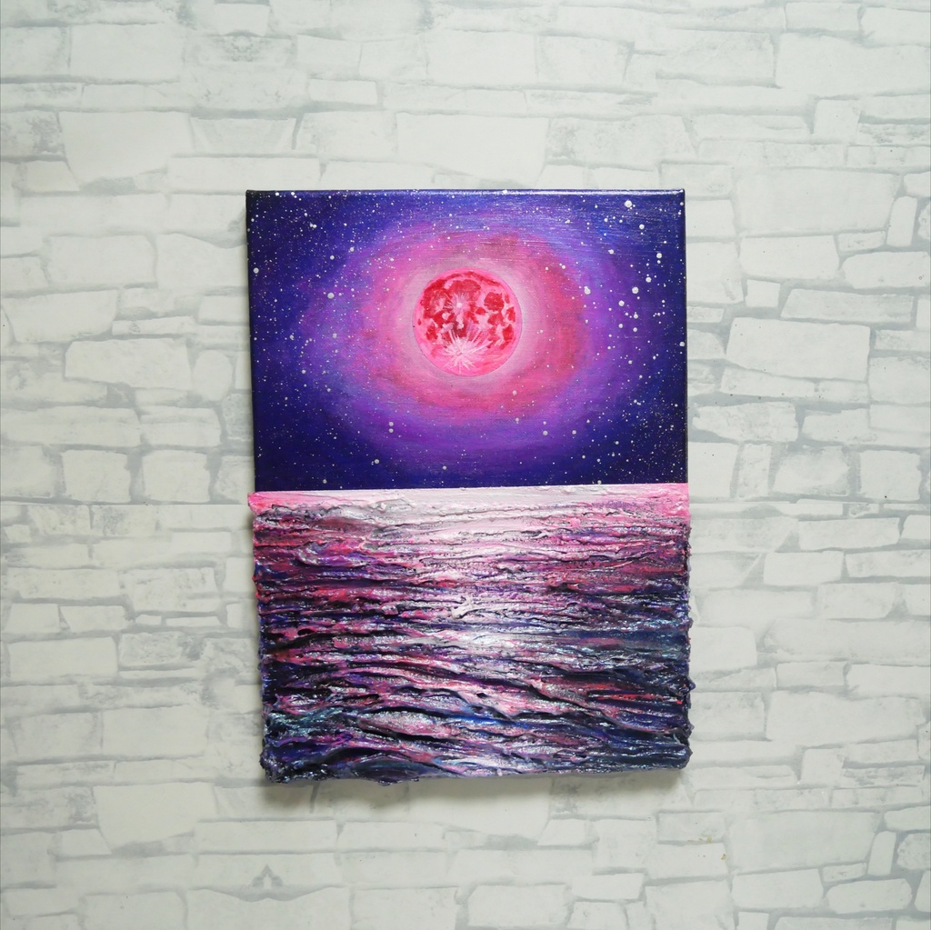 【油絵原画/F4号】満ちる潮と、桃色の夜空【額なし壁掛けアート・ギフトラッピング付】幻想的な月と海の絵画