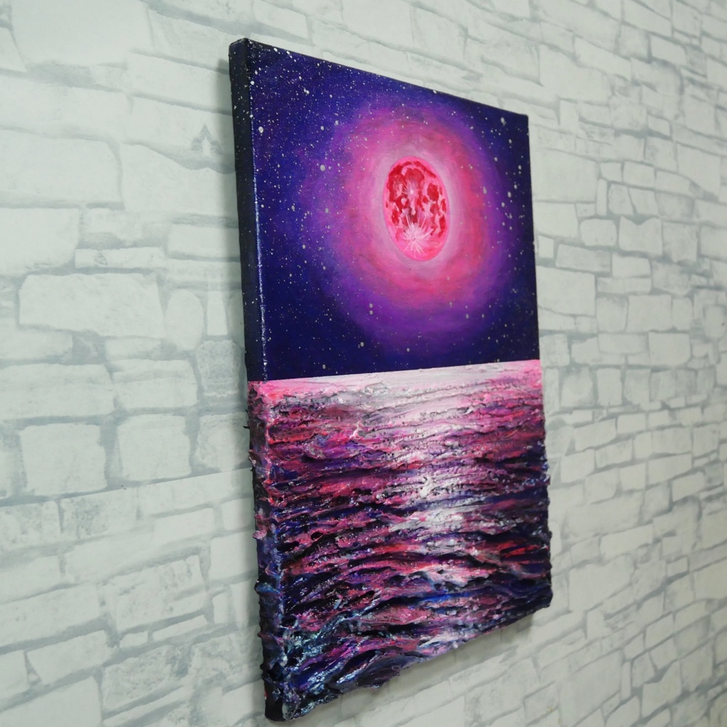 【油絵原画/F4号】満ちる潮と、桃色の夜空【額なし壁掛けアート・ギフトラッピング付】幻想的な月と海の絵画