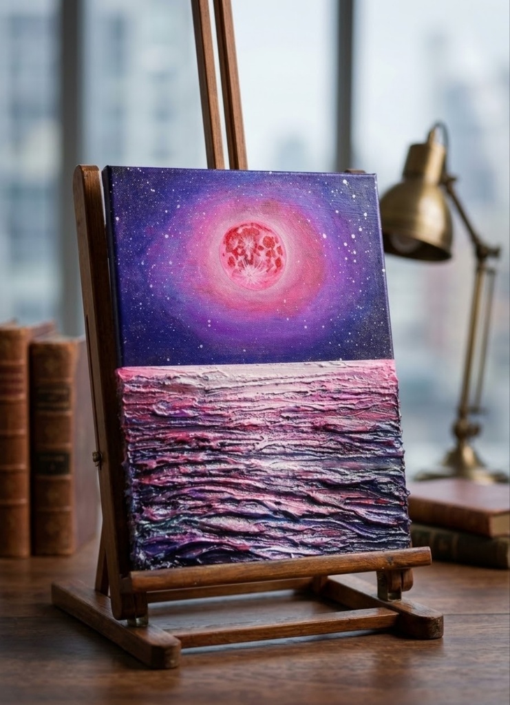 【油絵原画/F4号】満ちる潮と、桃色の夜空【額なし壁掛けアート・ギフトラッピング付】幻想的な月と海の絵画
