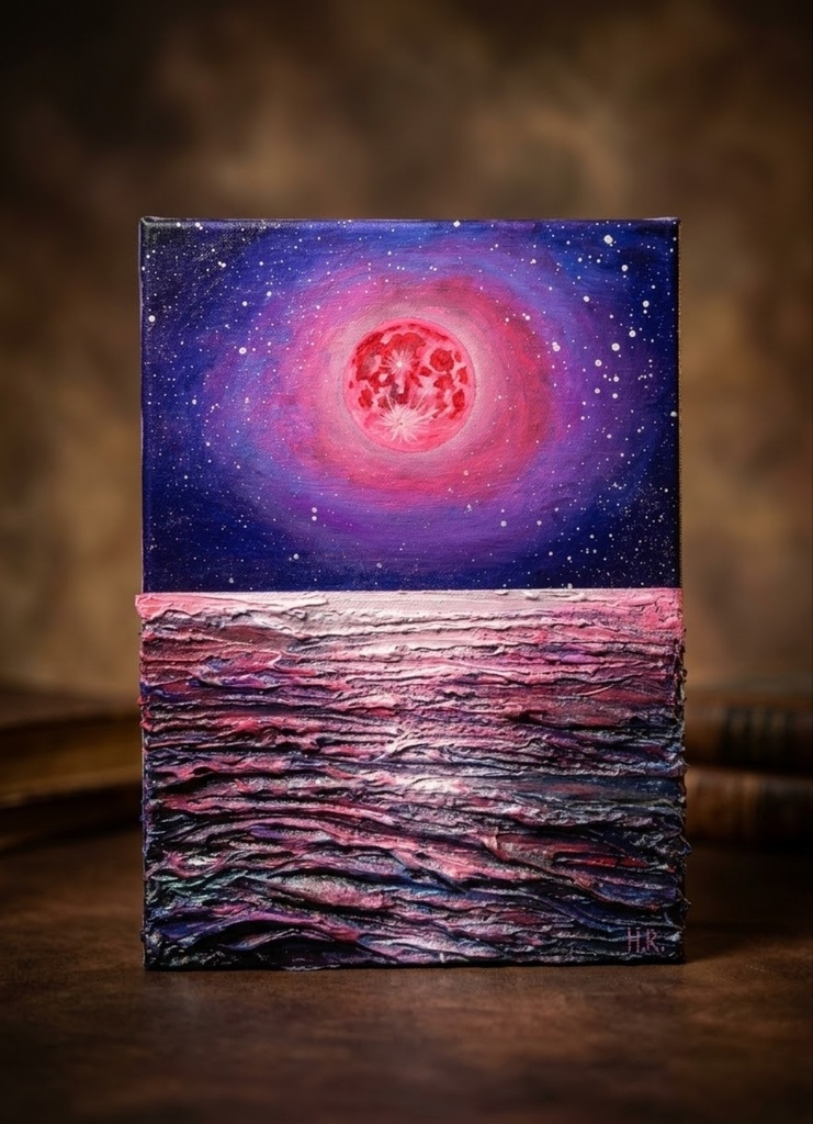 【油絵原画/F4号】満ちる潮と、桃色の夜空【額なし壁掛けアート・ギフトラッピング付】幻想的な月と海の絵画