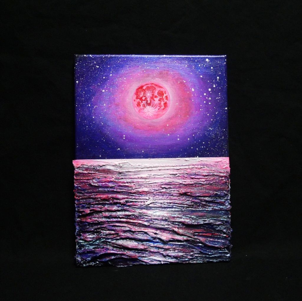 【油絵原画/F4号】満ちる潮と、桃色の夜空【額なし壁掛けアート・ギフトラッピング付】幻想的な月と海の絵画
