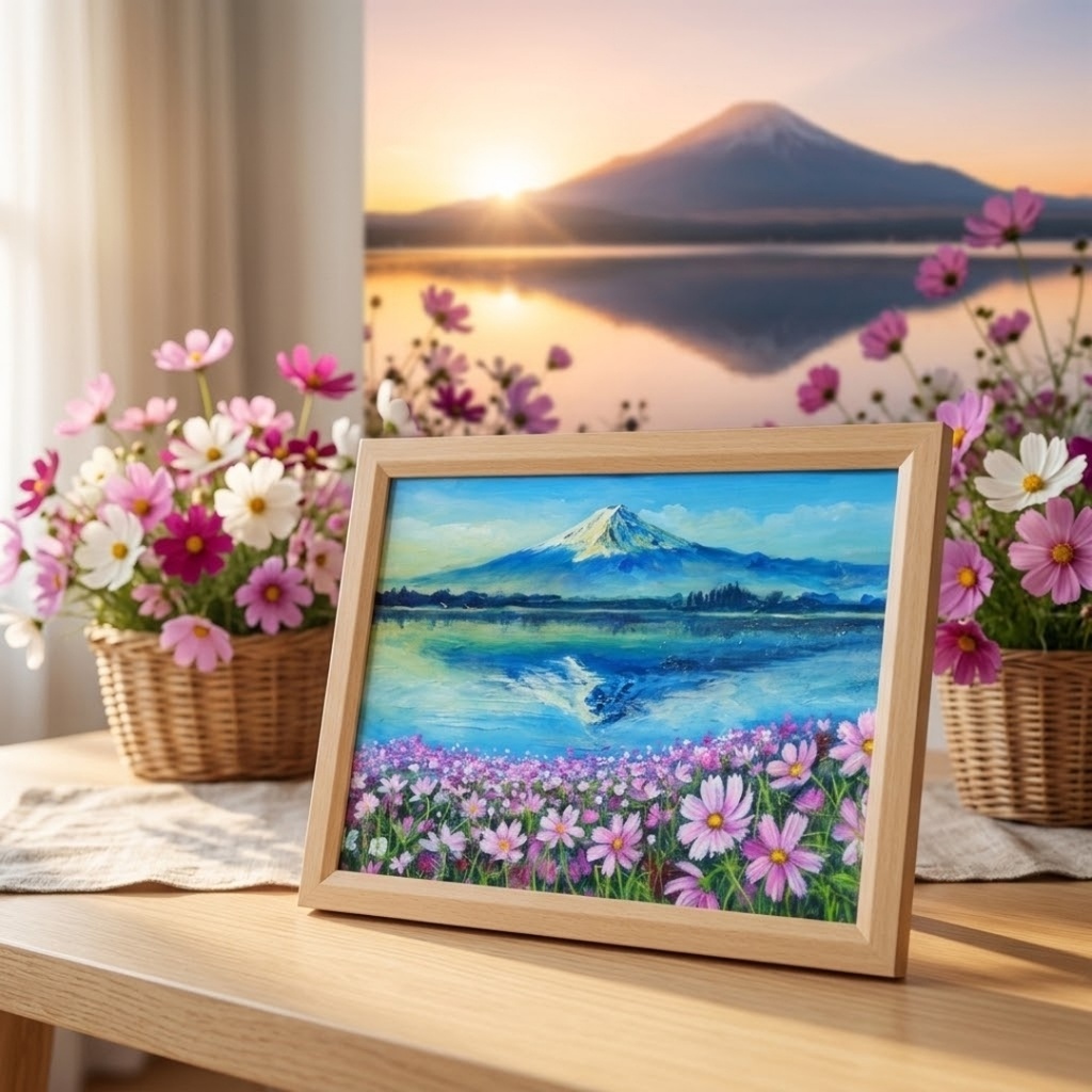 油絵 絵画【富士山とコスモス畑】A4額付き 風景画【湖畔の朝の詩】インテリア アート ギフトラッピング無料