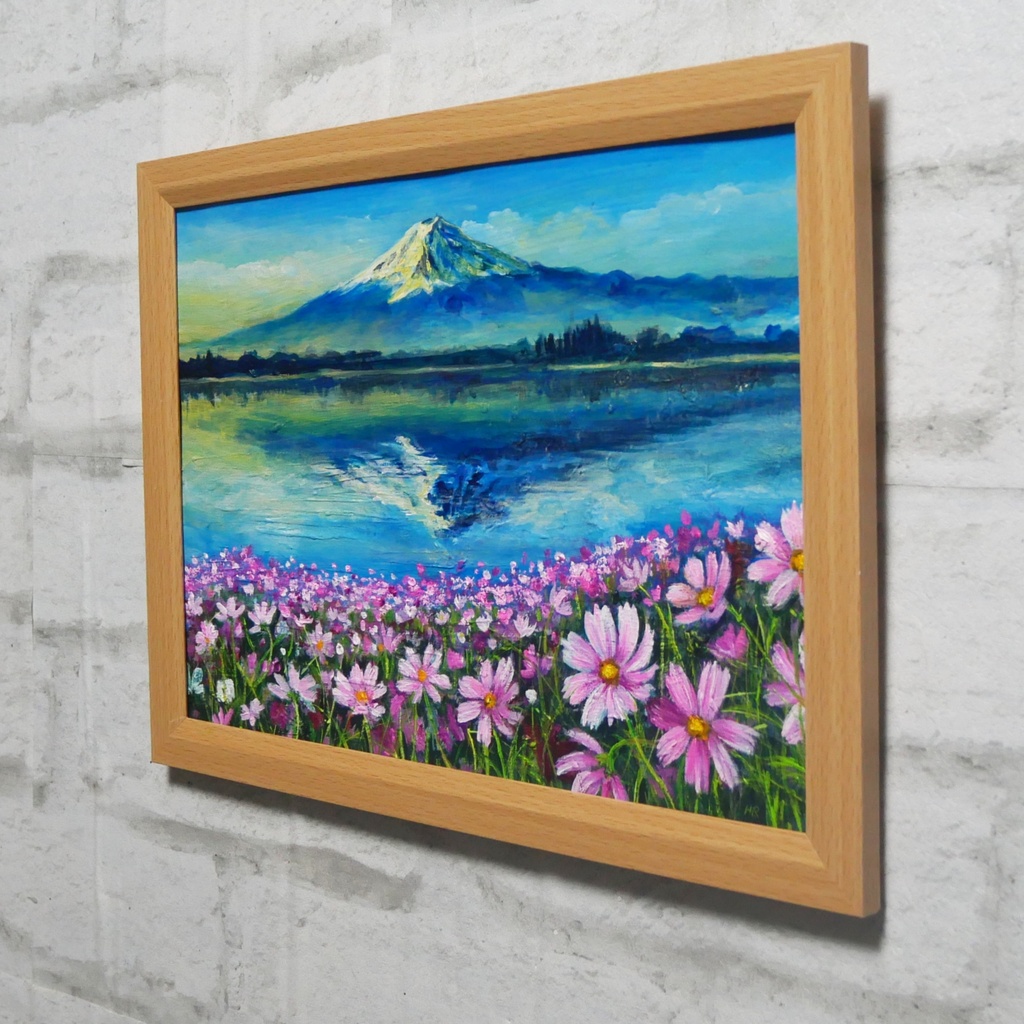 油絵 絵画【富士山とコスモス畑】A4額付き 風景画【湖畔の朝の詩】インテリア アート ギフトラッピング無料