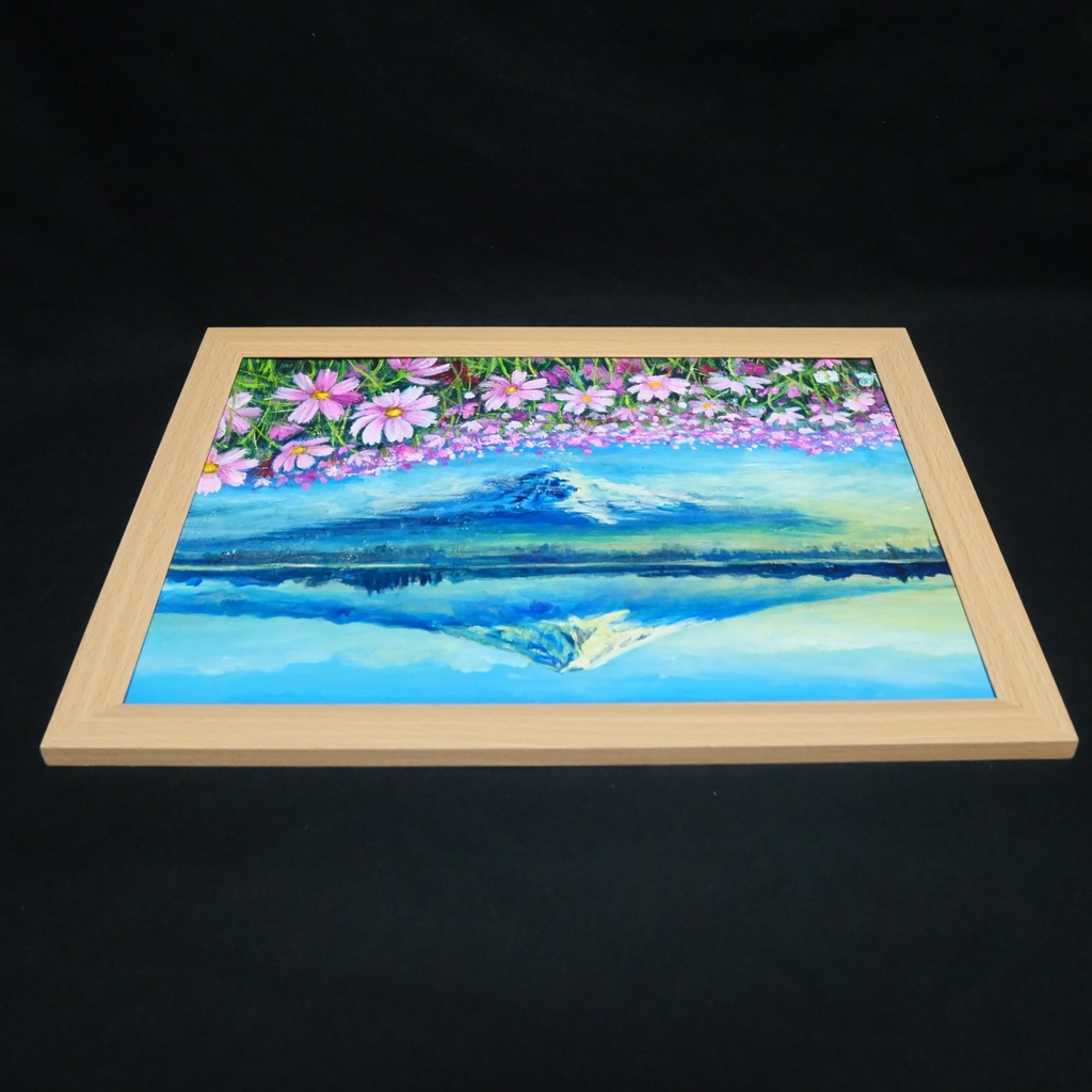 油絵 絵画【富士山とコスモス畑】A4額付き 風景画【湖畔の朝の詩】インテリア アート ギフトラッピング無料