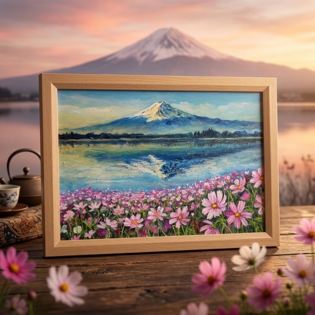 油絵 絵画【富士山とコスモス畑】A4額付き 風景画【湖畔の朝の詩】インテリア アート ギフトラッピング無料