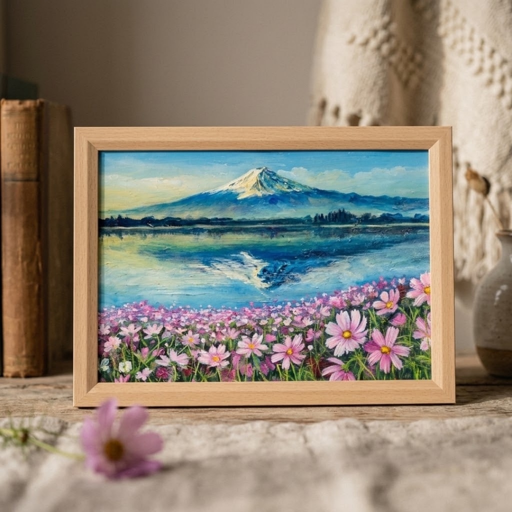 油絵 絵画【富士山とコスモス畑】A4額付き 風景画【湖畔の朝の詩】インテリア アート ギフトラッピング無料