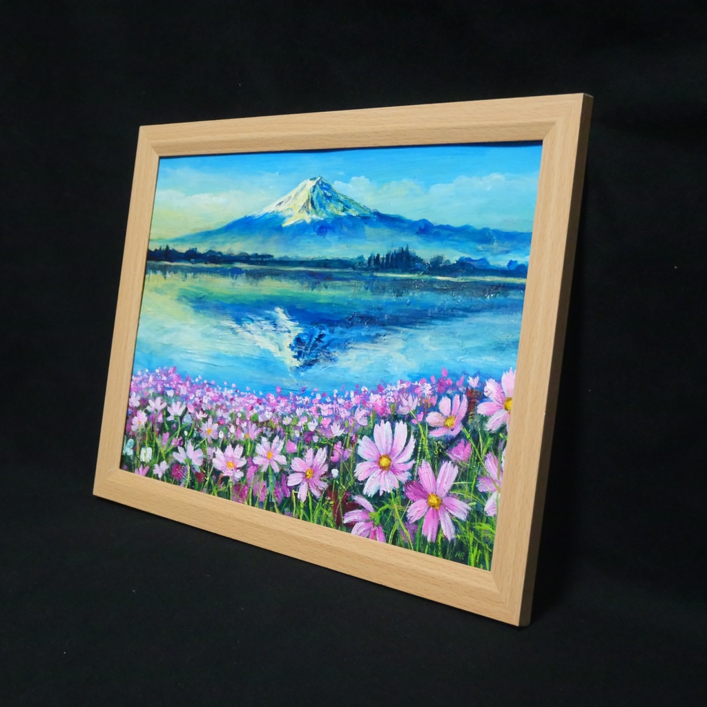 油絵 絵画【富士山とコスモス畑】A4額付き 風景画【湖畔の朝の詩】インテリア アート ギフトラッピング無料