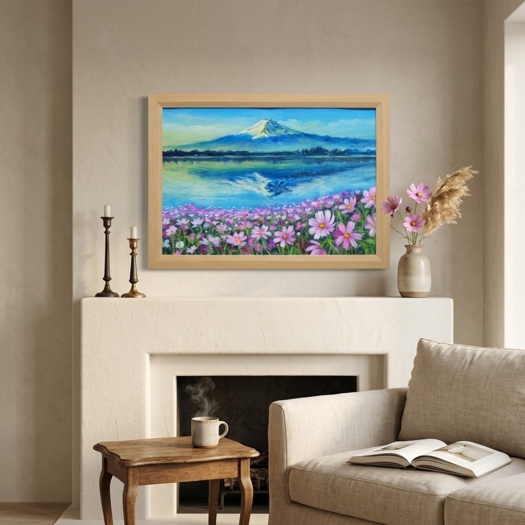 油絵 絵画【富士山とコスモス畑】A4額付き 風景画【湖畔の朝の詩】インテリア アート ギフトラッピング無料