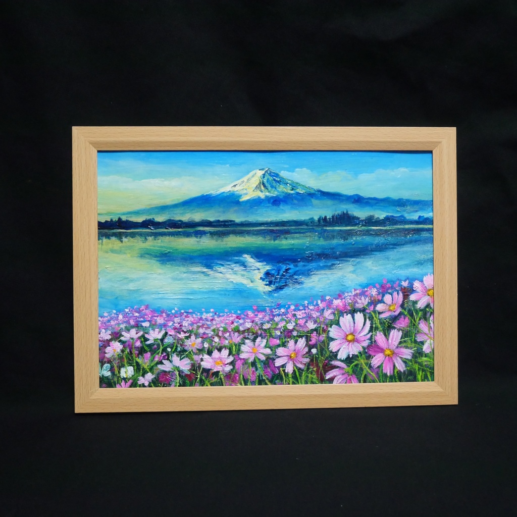 油絵 絵画【富士山とコスモス畑】A4額付き 風景画【湖畔の朝の詩】インテリア アート ギフトラッピング無料