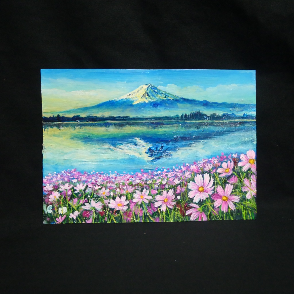 油絵 絵画【富士山とコスモス畑】A4額付き 風景画【湖畔の朝の詩】インテリア アート ギフトラッピング無料