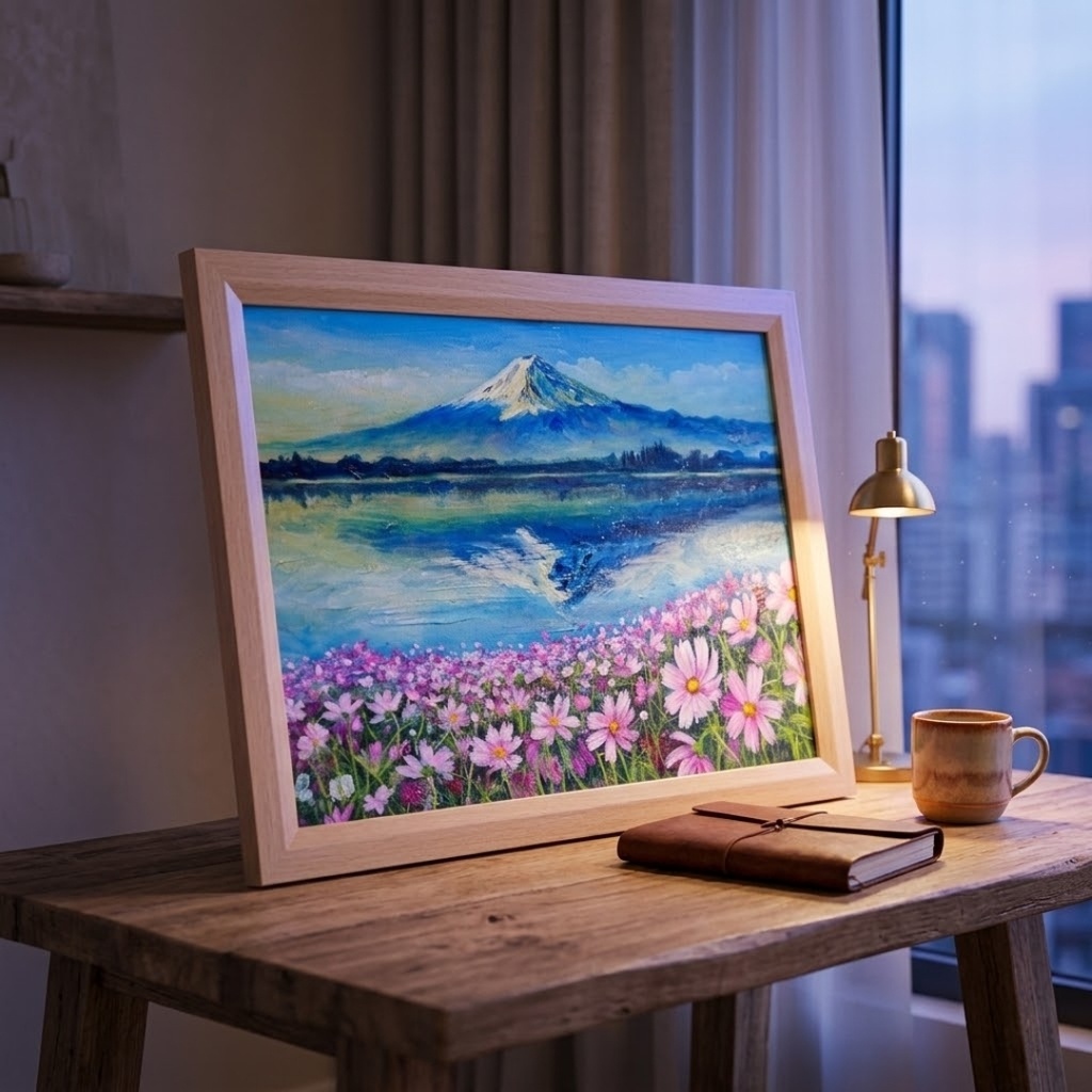 油絵 絵画【富士山とコスモス畑】A4額付き 風景画【湖畔の朝の詩】インテリア アート ギフトラッピング無料