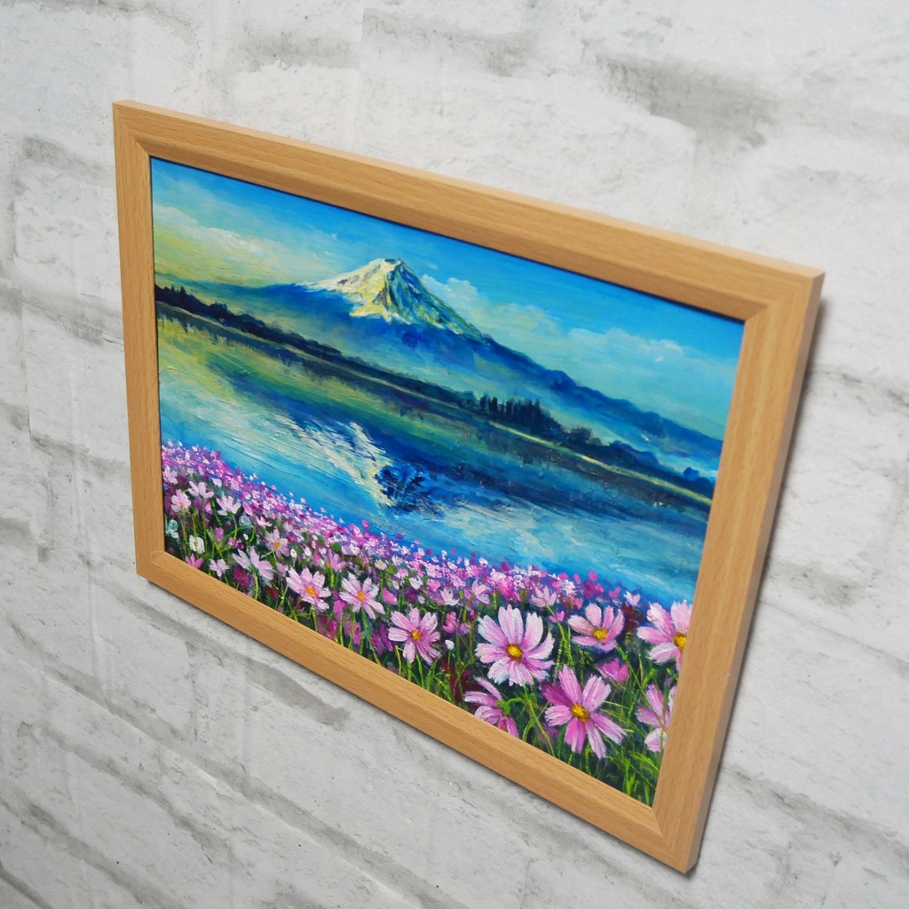 油絵 絵画【富士山とコスモス畑】A4額付き 風景画【湖畔の朝の詩】インテリア アート ギフトラッピング無料