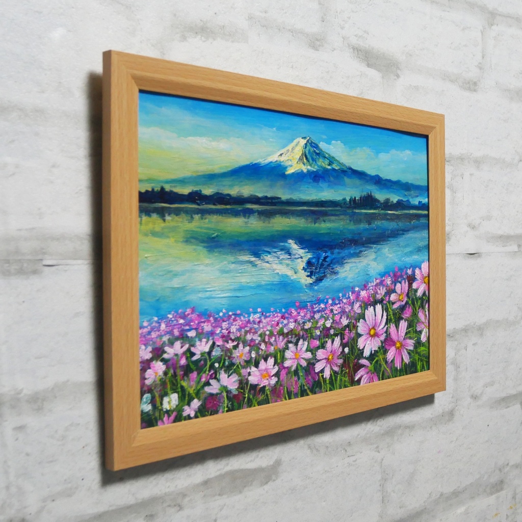 油絵 絵画【富士山とコスモス畑】A4額付き 風景画【湖畔の朝の詩】インテリア アート ギフトラッピング無料