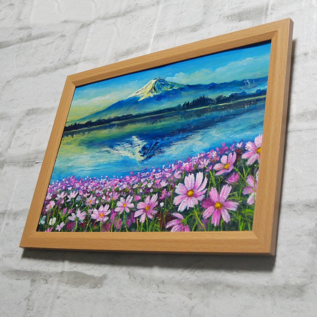 油絵 絵画【富士山とコスモス畑】A4額付き 風景画【湖畔の朝の詩】インテリア アート ギフトラッピング無料