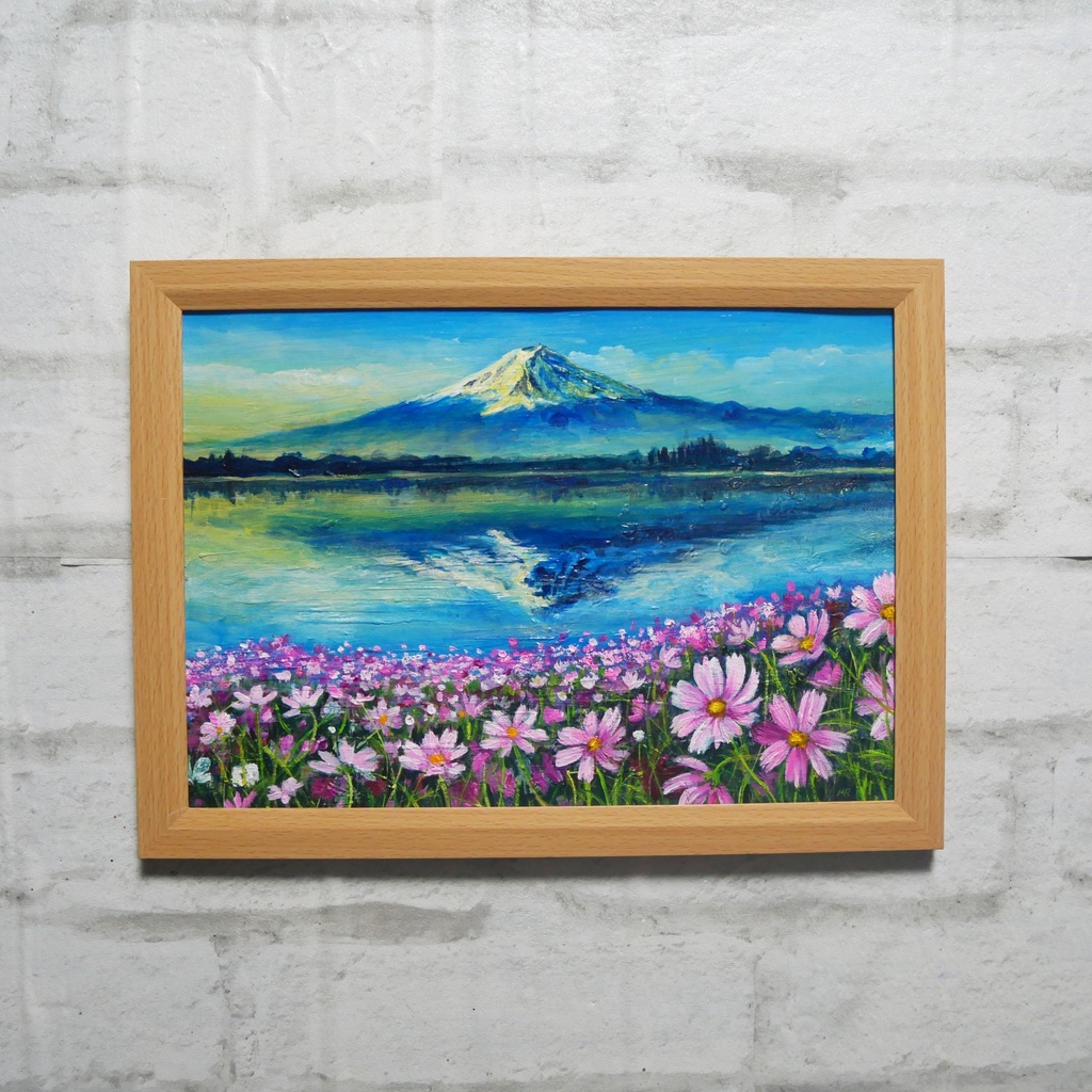 油絵 絵画【富士山とコスモス畑】A4額付き 風景画【湖畔の朝の詩】インテリア アート ギフトラッピング無料