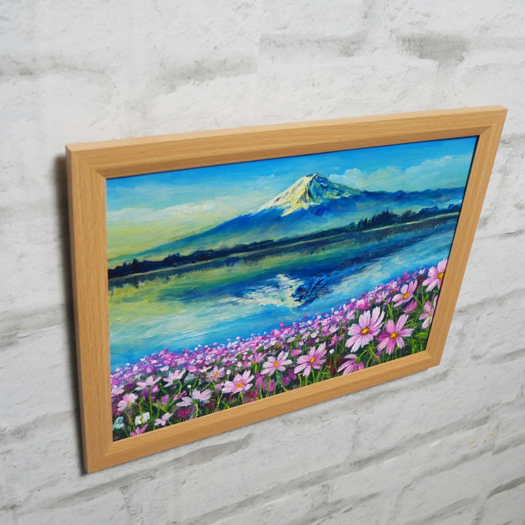 油絵 絵画【富士山とコスモス畑】A4額付き 風景画【湖畔の朝の詩】インテリア アート ギフトラッピング無料
