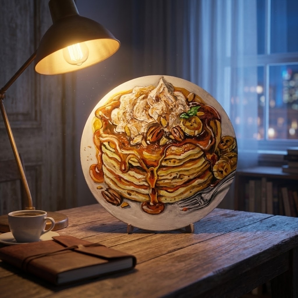 【原画・一点物】油絵『至福の重奏』直径30cm丸型キャンバス/キャラメルバナナパンケーキ【無料ラッピング・壁掛け金具付】