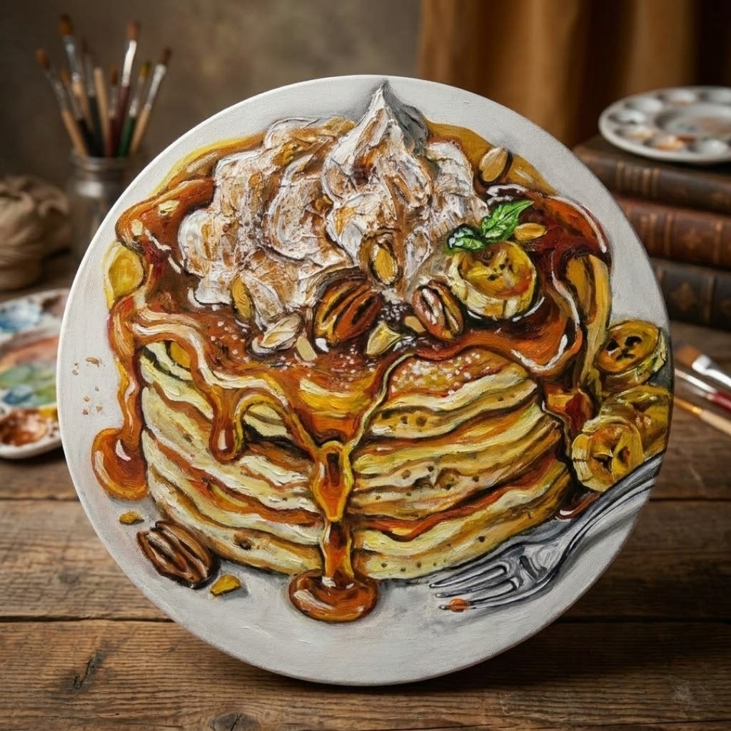 【原画・一点物】油絵『至福の重奏』直径30cm丸型キャンバス/キャラメルバナナパンケーキ【無料ラッピング・壁掛け金具付】