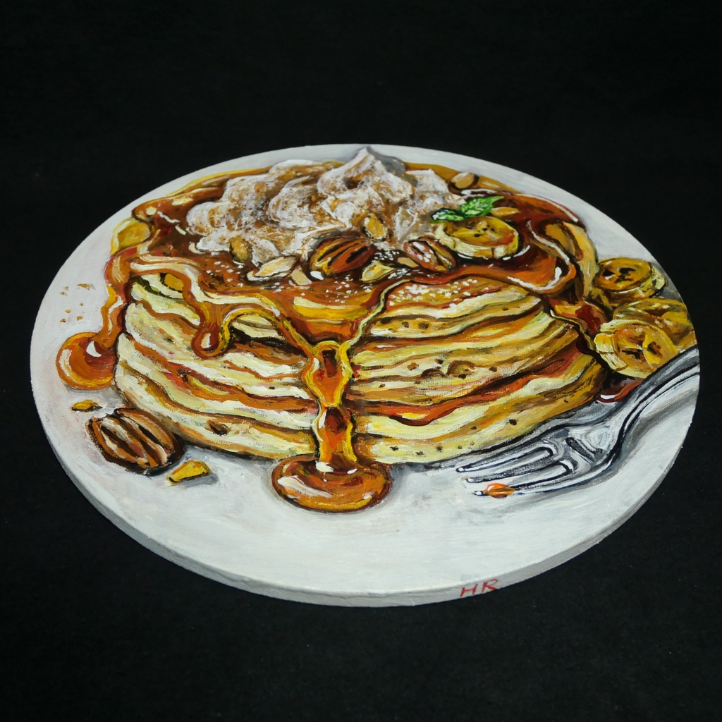 【原画・一点物】油絵『至福の重奏』直径30cm丸型キャンバス/キャラメルバナナパンケーキ【無料ラッピング・壁掛け金具付】