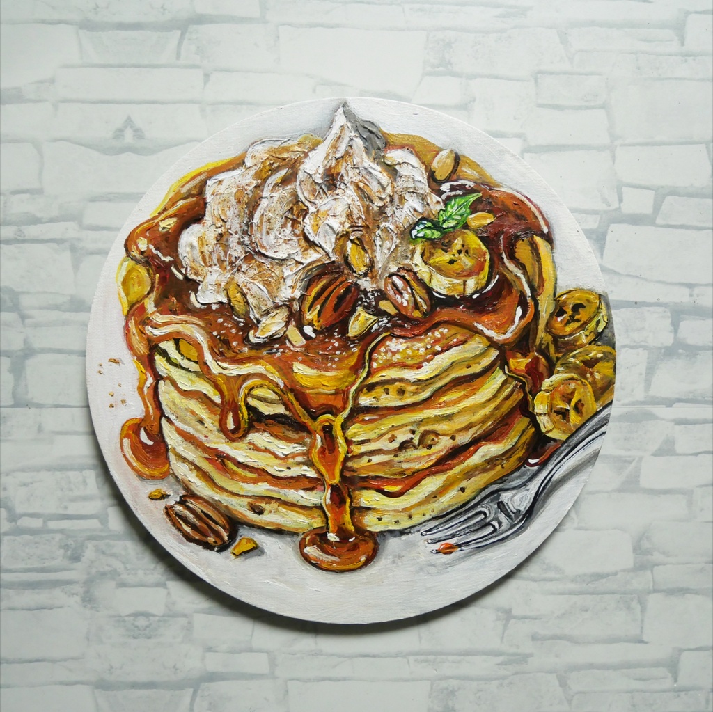 【原画・一点物】油絵『至福の重奏』直径30cm丸型キャンバス/キャラメルバナナパンケーキ【無料ラッピング・壁掛け金具付】