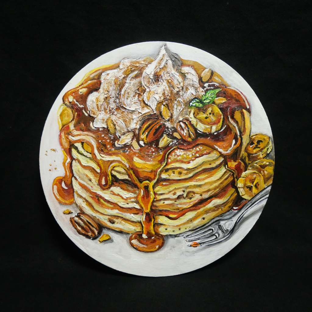 【原画・一点物】油絵『至福の重奏』直径30cm丸型キャンバス/キャラメルバナナパンケーキ【無料ラッピング・壁掛け金具付】