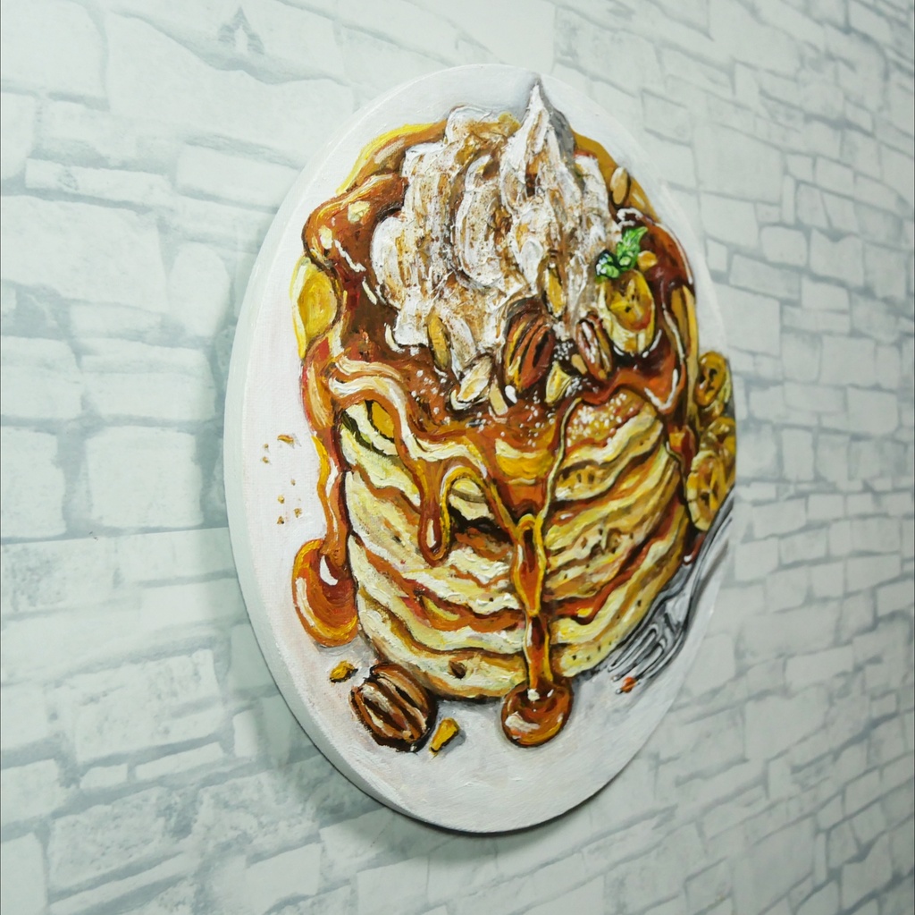 【原画・一点物】油絵『至福の重奏』直径30cm丸型キャンバス/キャラメルバナナパンケーキ【無料ラッピング・壁掛け金具付】