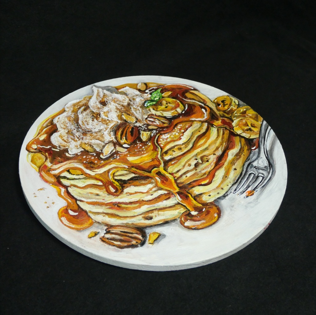 【原画・一点物】油絵『至福の重奏』直径30cm丸型キャンバス/キャラメルバナナパンケーキ【無料ラッピング・壁掛け金具付】