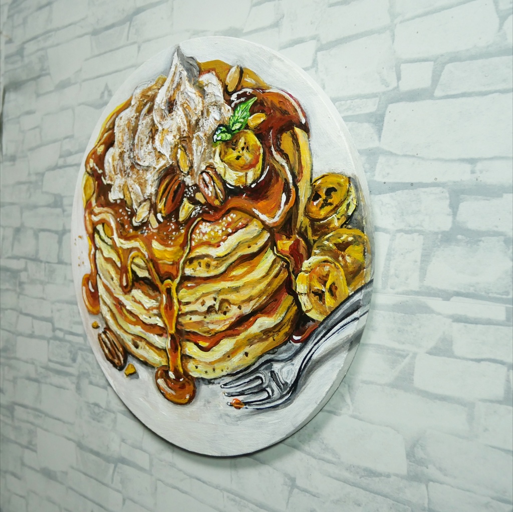 【原画・一点物】油絵『至福の重奏』直径30cm丸型キャンバス/キャラメルバナナパンケーキ【無料ラッピング・壁掛け金具付】