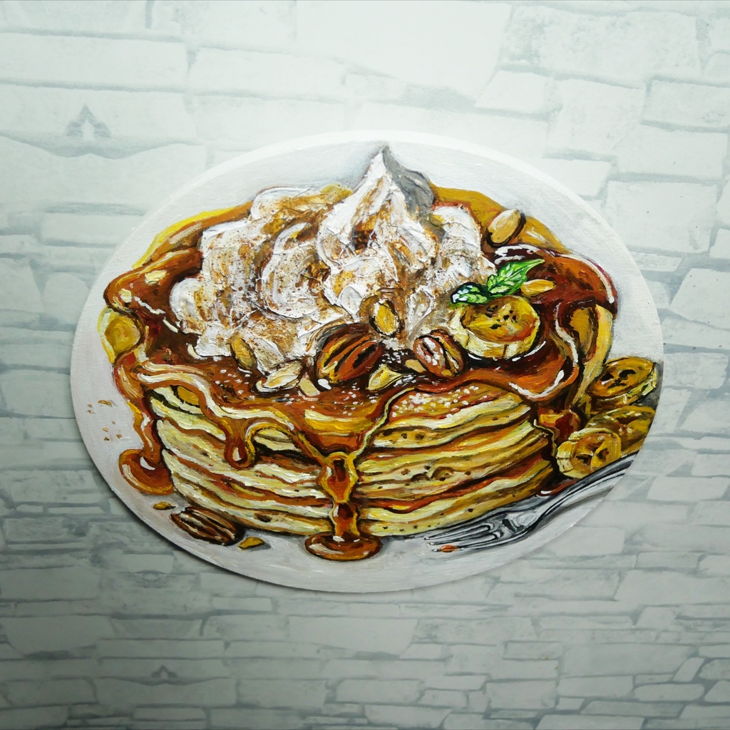 【原画・一点物】油絵『至福の重奏』直径30cm丸型キャンバス/キャラメルバナナパンケーキ【無料ラッピング・壁掛け金具付】