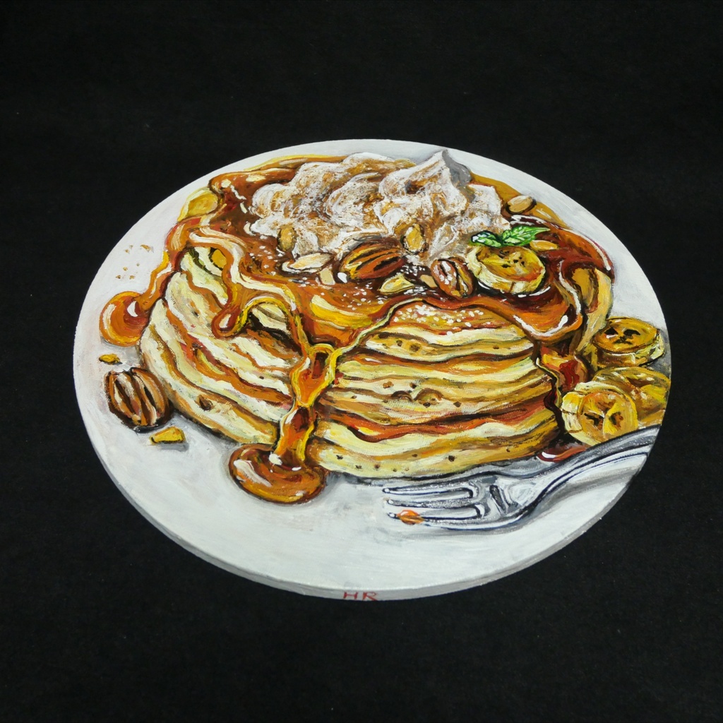 【原画・一点物】油絵『至福の重奏』直径30cm丸型キャンバス/キャラメルバナナパンケーキ【無料ラッピング・壁掛け金具付】