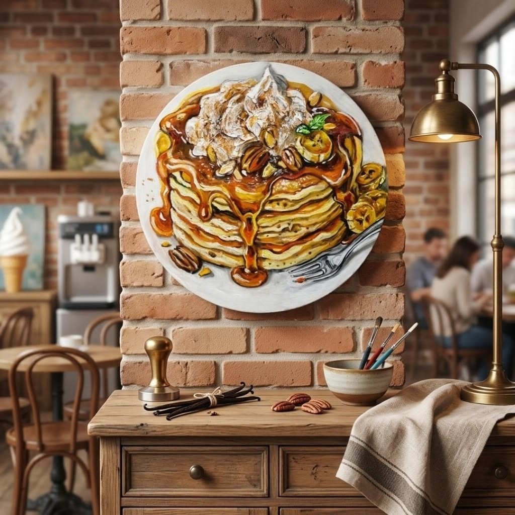 【原画・一点物】油絵『至福の重奏』直径30cm丸型キャンバス/キャラメルバナナパンケーキ【無料ラッピング・壁掛け金具付】